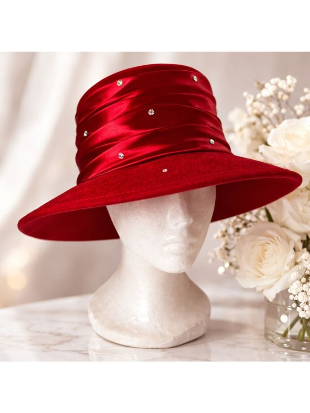 Michael Howard Red Wool Hat Wide Brim Church Derby Fashion Formal Satin Rhinesto
